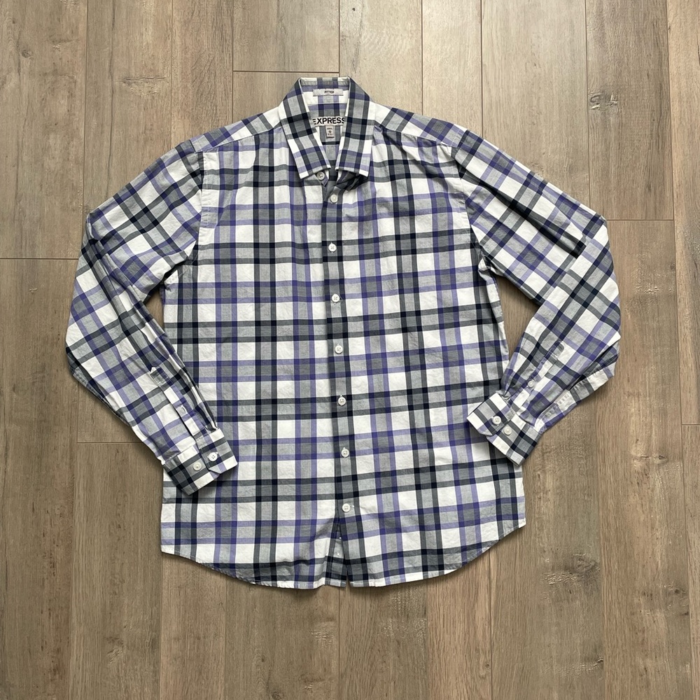 BOGO Express Purple Grey White Fitted Checkered Button Down Shirt Size M